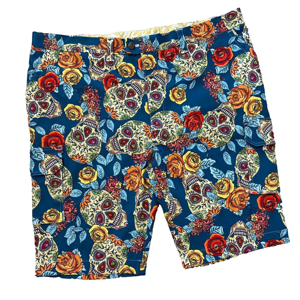 Loudmouth Cargo Shorts Men 43 x 11" Blue Rosa Heritage Dia De Los Muertos Skulls
